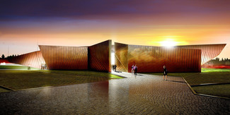 Pawilon wystawienniczo-promocyjny Flame w Żorach, projekt: OVO Grąbczewscy Architekci  