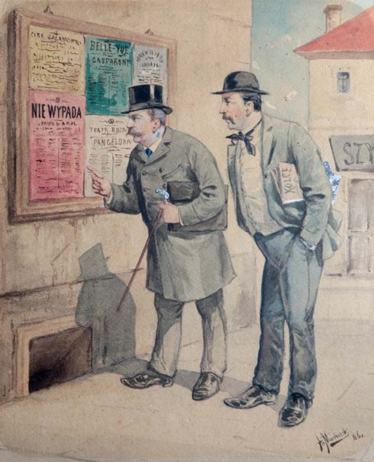 Józef Kotarbiński i Michał Wołowski przed afiszami teatralnymi, akwarela, Arkadiusz Mucharski 1886