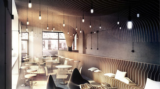 Aranżacja wnętrz restaurcja Zmianatematu w Łodzi na ul. Piotrkowskiej (rendering). Autor projektu: pracownia xm3
